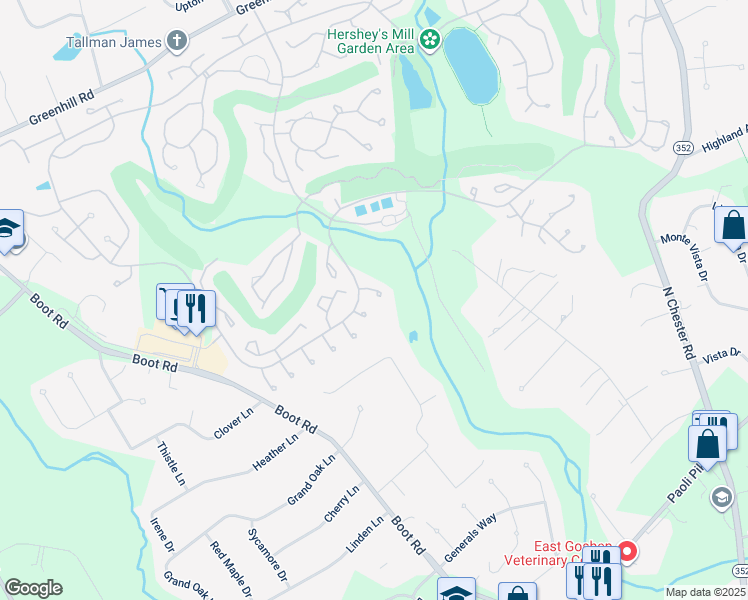 map of restaurants, bars, coffee shops, grocery stores, and more near 1503 Quaker Ridge in West Chester