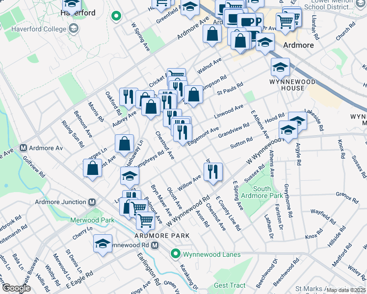 map of restaurants, bars, coffee shops, grocery stores, and more near 2628 East County Line Road in Ardmore