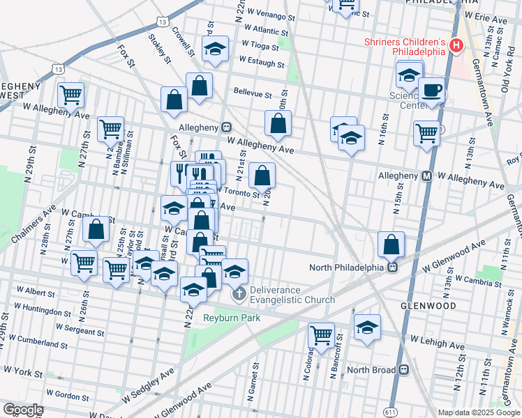 map of restaurants, bars, coffee shops, grocery stores, and more near 2020 West Toronto Street in Philadelphia