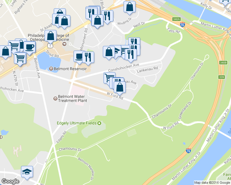 map of restaurants, bars, coffee shops, grocery stores, and more near 3987 Ford Rd in Philadelphia