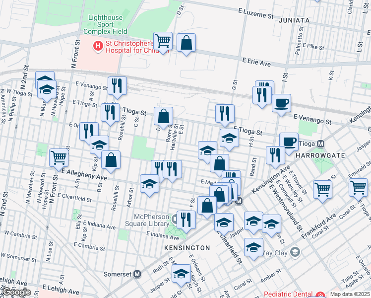 map of restaurants, bars, coffee shops, grocery stores, and more near 621 East Thayer Street in Philadelphia