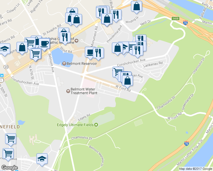 map of restaurants, bars, coffee shops, grocery stores, and more near 4066 Ford Road in Philadelphia