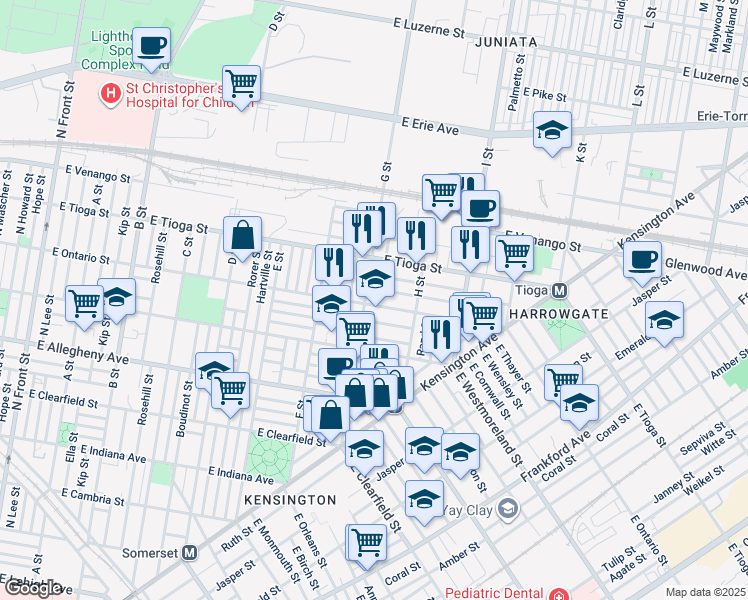 map of restaurants, bars, coffee shops, grocery stores, and more near 801 East Ontario Street in Philadelphia