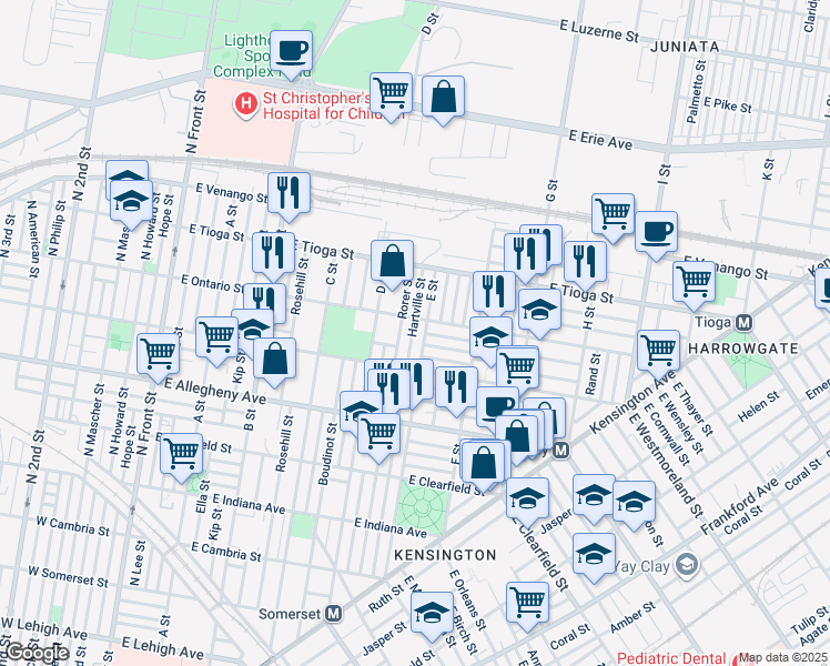 map of restaurants, bars, coffee shops, grocery stores, and more near 3345 Hartville Street in Philadelphia