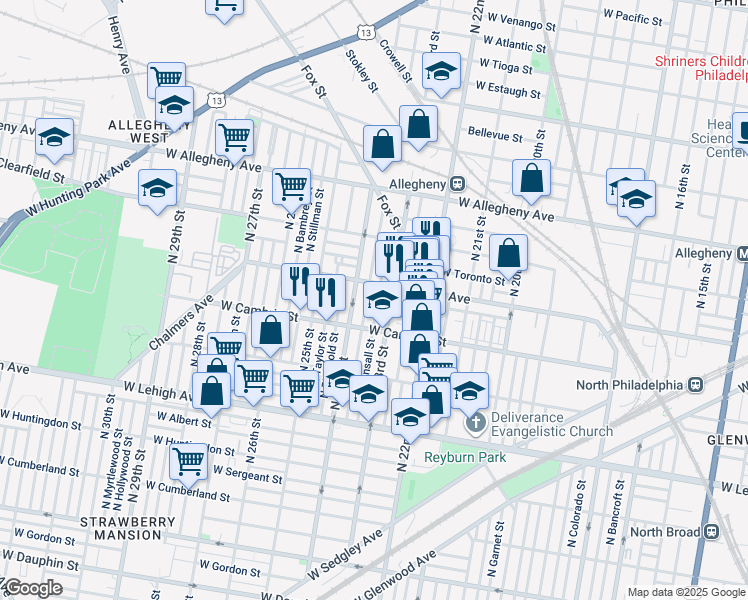 map of restaurants, bars, coffee shops, grocery stores, and more near 2946 North Bonsall Street in Philadelphia