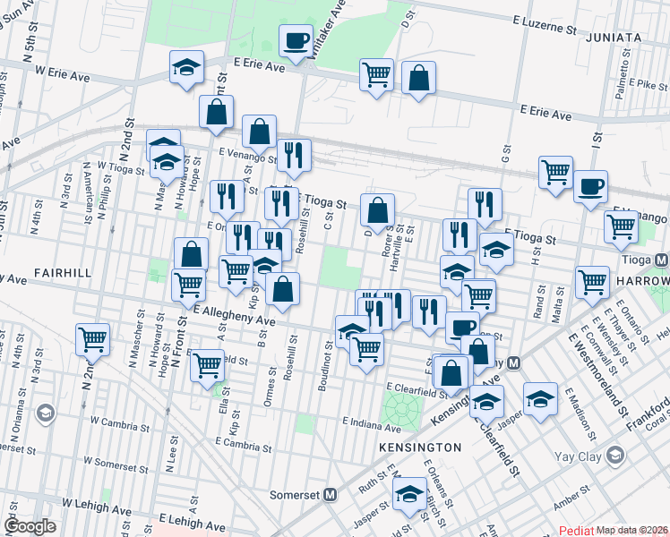 map of restaurants, bars, coffee shops, grocery stores, and more near 400 East Ontario Street in Philadelphia