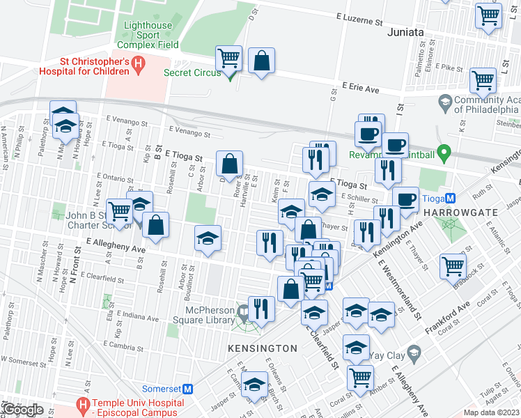 map of restaurants, bars, coffee shops, grocery stores, and more near 621 East Thayer Street in Philadelphia