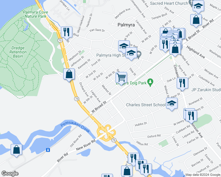 map of restaurants, bars, coffee shops, grocery stores, and more near 511 West 6th Street in Palmyra