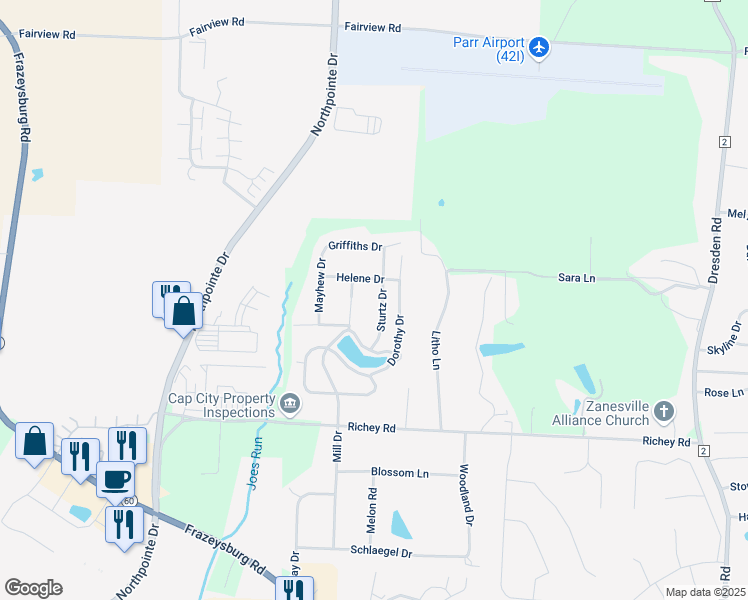map of restaurants, bars, coffee shops, grocery stores, and more near 3985 Sturtz Drive in Zanesville
