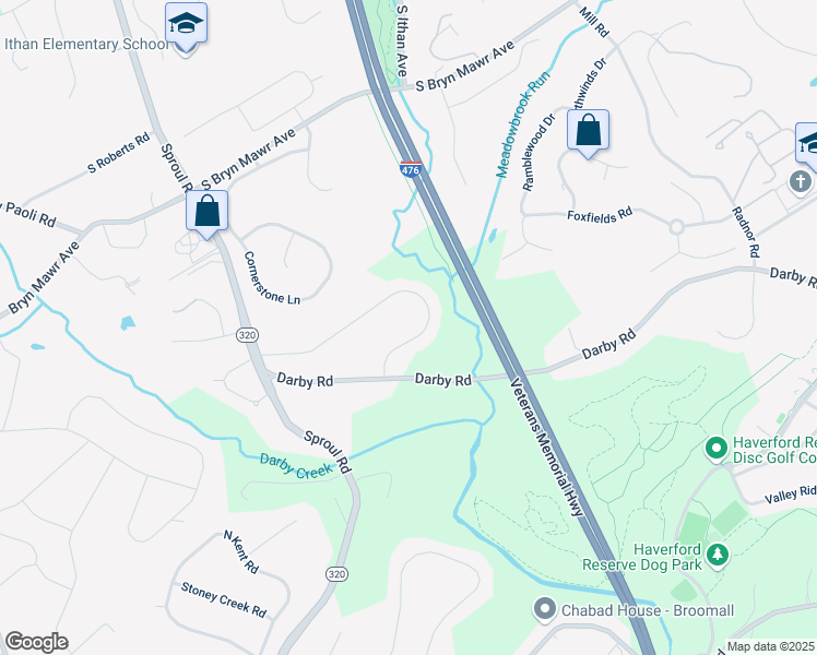 map of restaurants, bars, coffee shops, grocery stores, and more near 18 Brennan Drive in Bryn Mawr