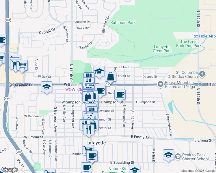 map of restaurants, bars, coffee shops, grocery stores, and more near 101 East Baseline Road in Lafayette