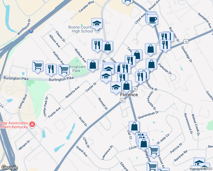 map of restaurants, bars, coffee shops, grocery stores, and more near in Florence