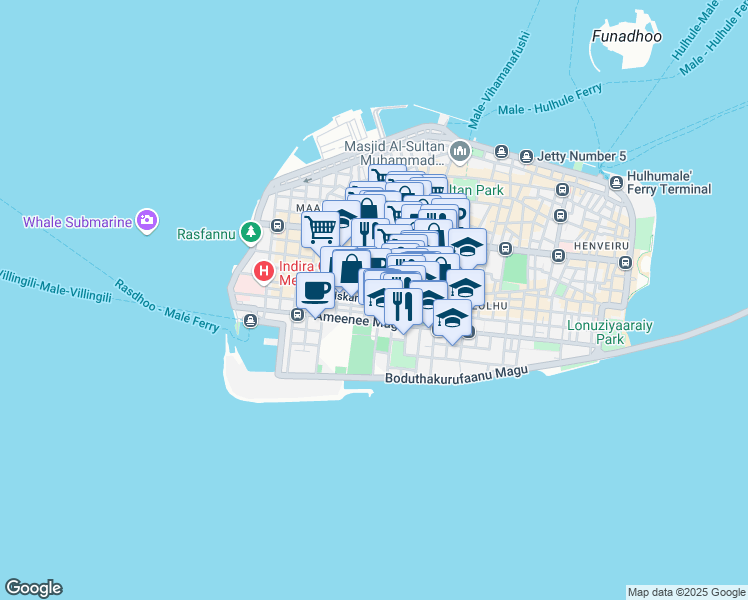 map of restaurants, bars, coffee shops, grocery stores, and more near Iskandhar Magu in Malé