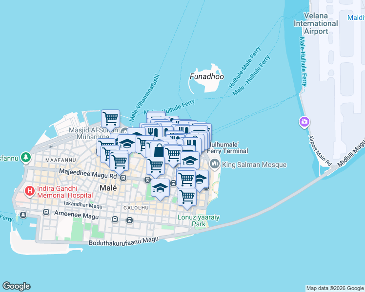map of restaurants, bars, coffee shops, grocery stores, and more near Kurangi Goalhi in Malé
