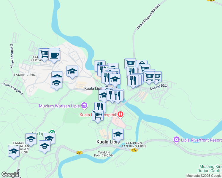 map of restaurants, bars, coffee shops, grocery stores, and more near Jalan Besar in Kuala Lipis
