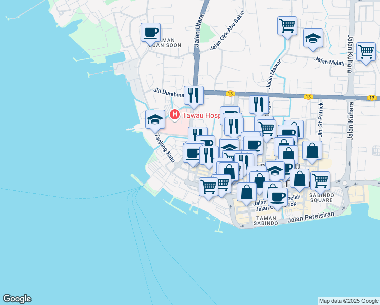 map of restaurants, bars, coffee shops, grocery stores, and more near Jalan Balai Polis Lama in Tawau