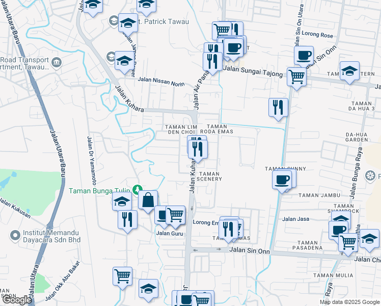 map of restaurants, bars, coffee shops, grocery stores, and more near Jalan Kuhara in Tawau