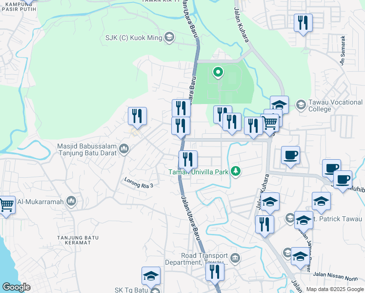 map of restaurants, bars, coffee shops, grocery stores, and more near Jalan Utara Baru in Tawau