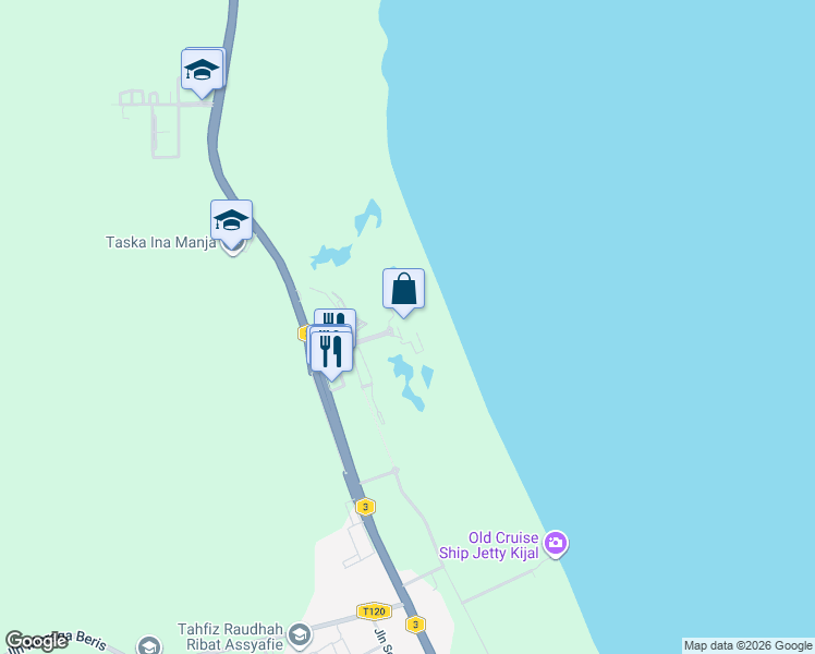 map of restaurants, bars, coffee shops, grocery stores, and more near Laluan Persekutuan 3 in Kemasik