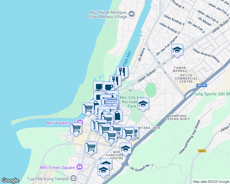 map of restaurants, bars, coffee shops, grocery stores, and more near Jalan Permaisuri in Miri