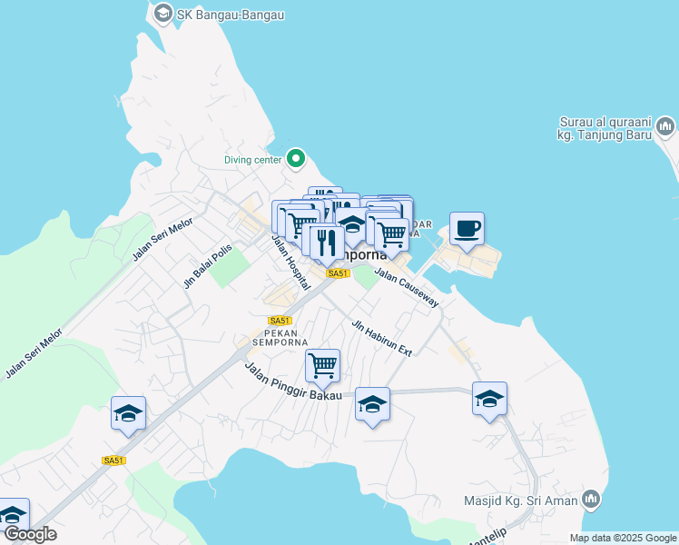 map of restaurants, bars, coffee shops, grocery stores, and more near Jalan Tawau Semporna in Semporna
