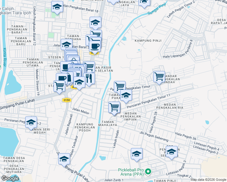 map of restaurants, bars, coffee shops, grocery stores, and more near 27 Persiaran Pengkalan Timur in Ipoh