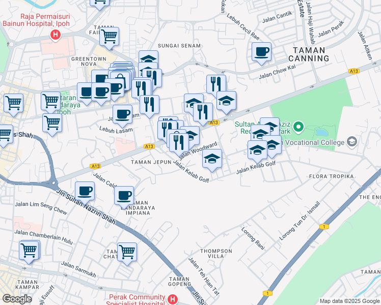 map of restaurants, bars, coffee shops, grocery stores, and more near Jalan Woodward in Ipoh