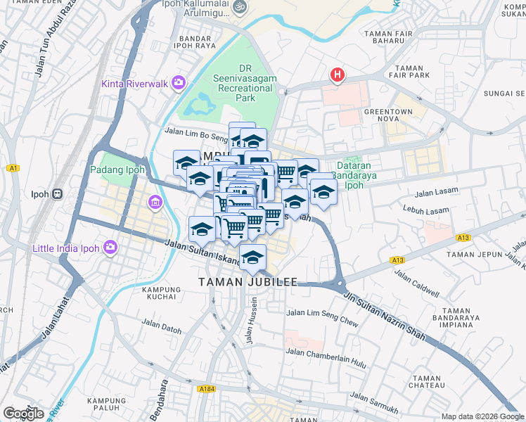 map of restaurants, bars, coffee shops, grocery stores, and more near 292 Jalan Sultan Idris Shah in Ipoh