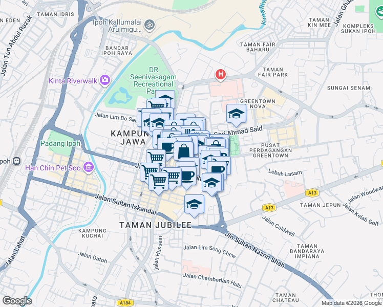 map of restaurants, bars, coffee shops, grocery stores, and more near Persiaran Greenhill in Ipoh