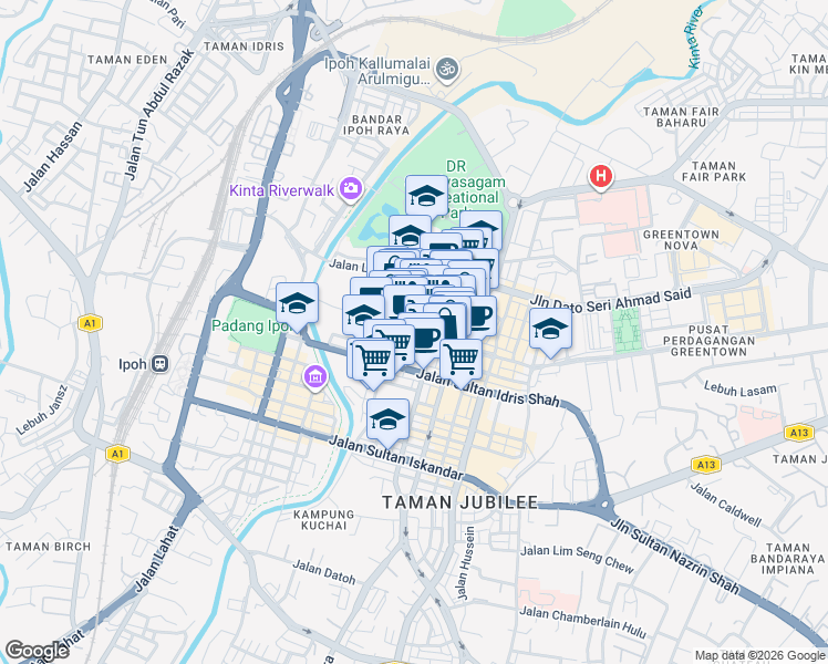 map of restaurants, bars, coffee shops, grocery stores, and more near Jalan Horley in Ipoh