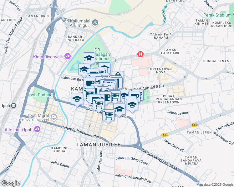 map of restaurants, bars, coffee shops, grocery stores, and more near 17 Jalan Seenivasagam in Ipoh