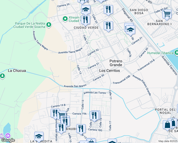 map of restaurants, bars, coffee shops, grocery stores, and more near 13-132 Carrera 31 in Soacha