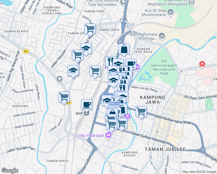 map of restaurants, bars, coffee shops, grocery stores, and more near Jalan Panglima Bukit Gantang Wahab in Ipoh