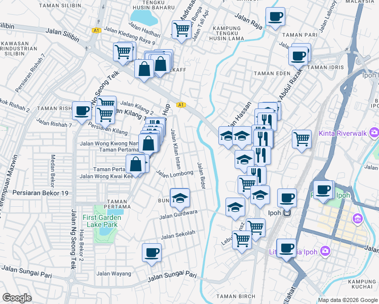 map of restaurants, bars, coffee shops, grocery stores, and more near Jalan Temoh in Ipoh