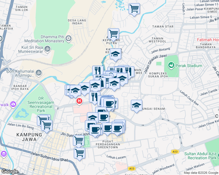 map of restaurants, bars, coffee shops, grocery stores, and more near Jalan Kamaruddin Isa in Ipoh