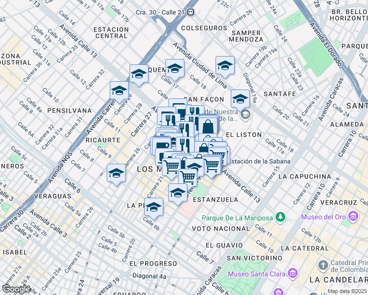 map of restaurants, bars, coffee shops, grocery stores, and more near 21 31 Calle 12b in Bogotá