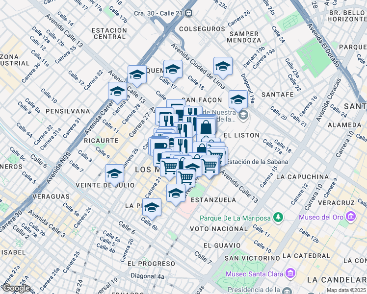 map of restaurants, bars, coffee shops, grocery stores, and more near 21 31 Calle 12b in Bogotá
