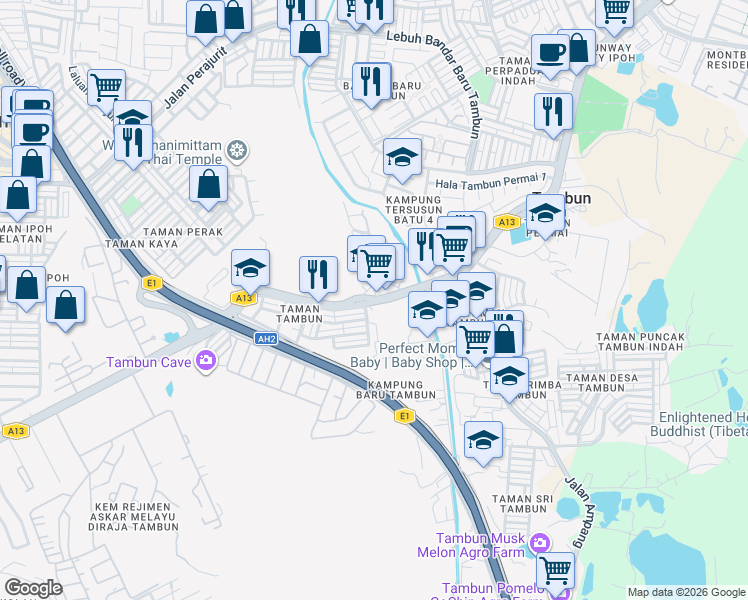 map of restaurants, bars, coffee shops, grocery stores, and more near Jalan Tambun in Ipoh