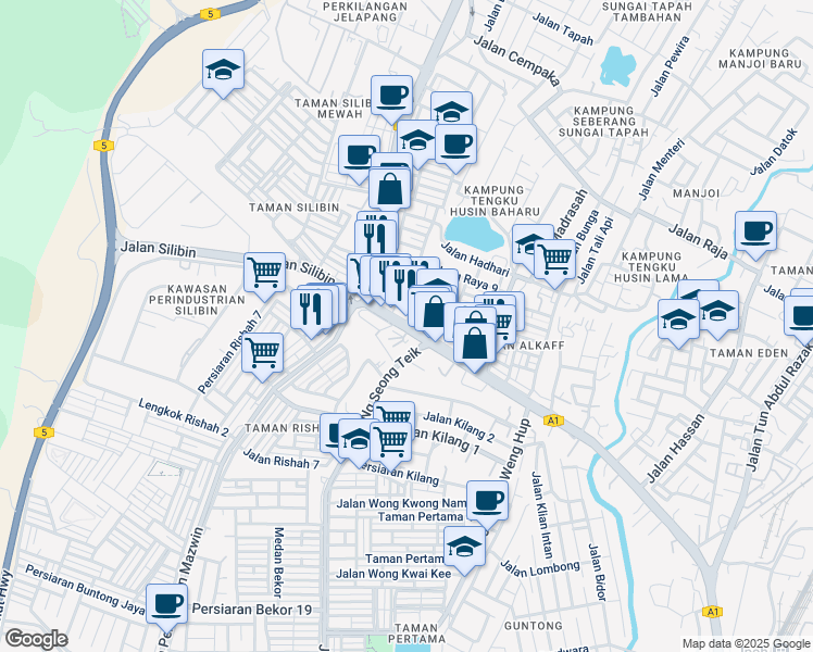 map of restaurants, bars, coffee shops, grocery stores, and more near Jalan Silibin & Jalan Kledang Raya 4 in Ipoh