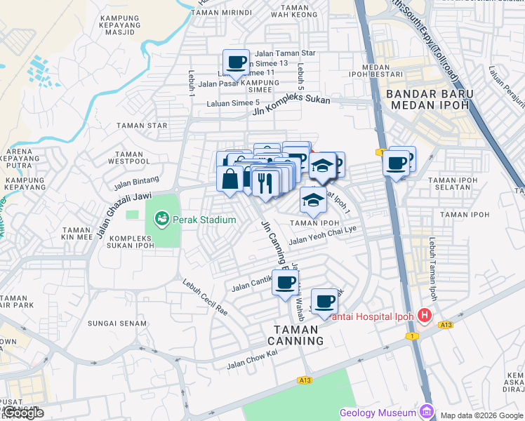 map of restaurants, bars, coffee shops, grocery stores, and more near 85 Jalan Canning Estate in Ipoh