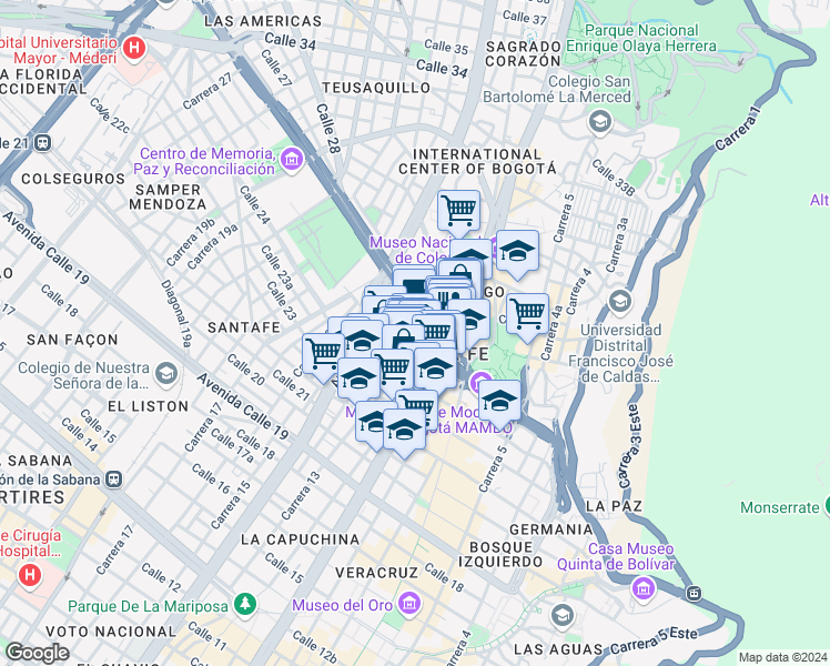 map of restaurants, bars, coffee shops, grocery stores, and more near 13-49 Calle 26 in Bogotá