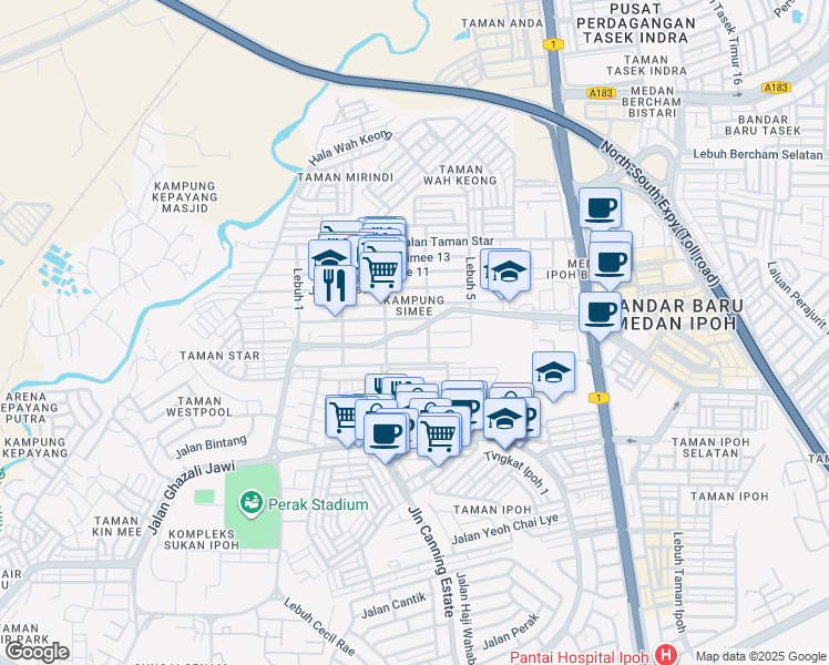 map of restaurants, bars, coffee shops, grocery stores, and more near Jalan Kompleks Sukan in Ipoh
