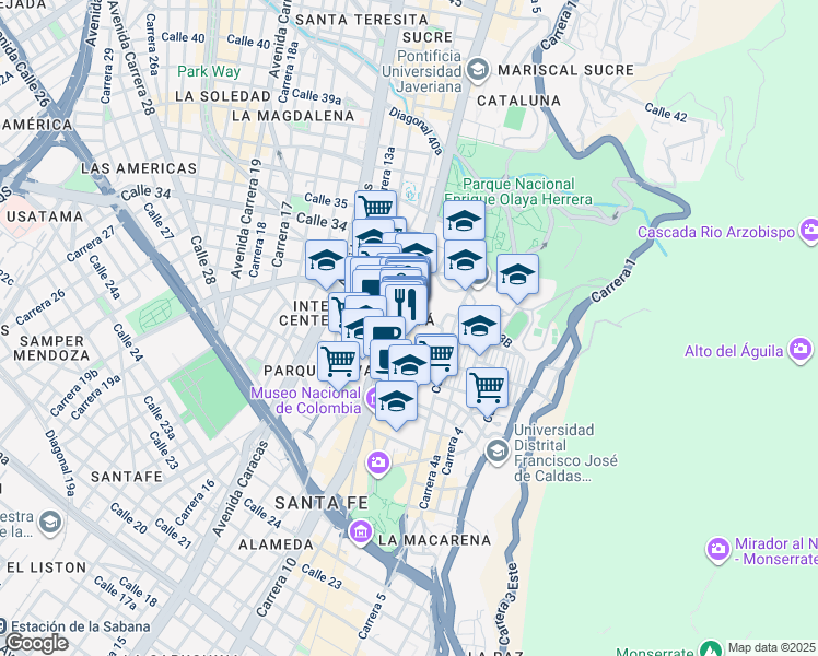 map of restaurants, bars, coffee shops, grocery stores, and more near 3216 Avenida Carrera 7 in Bogotá