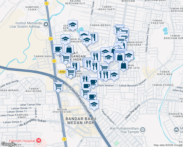 map of restaurants, bars, coffee shops, grocery stores, and more near Jalan Bercham in Ipoh
