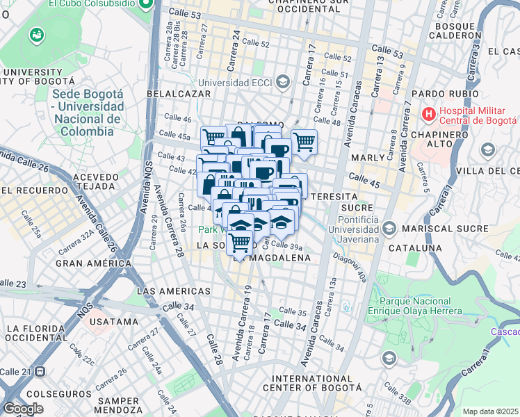 map of restaurants, bars, coffee shops, grocery stores, and more near 95- 55 Carrera 19 in Bogotá
