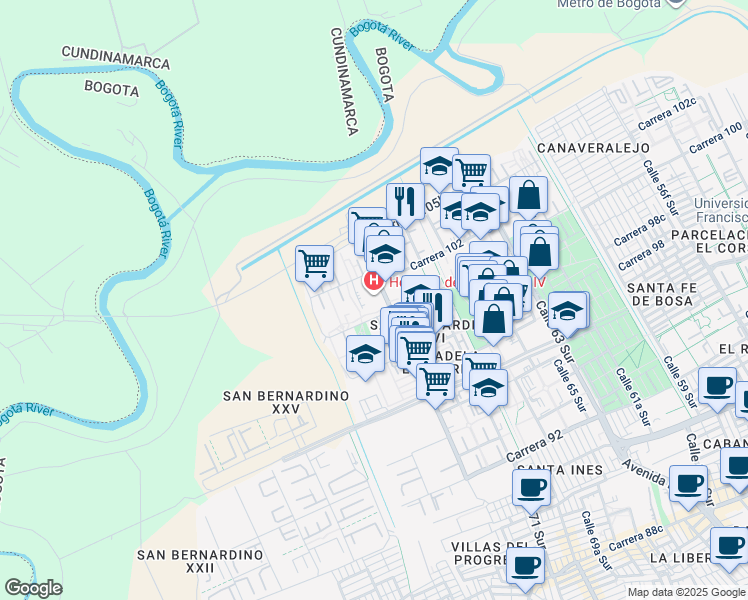 map of restaurants, bars, coffee shops, grocery stores, and more near 100a-53 Calle 73 Sur in Bogotá