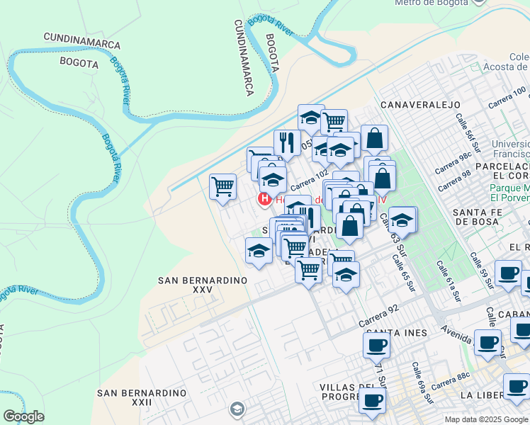 map of restaurants, bars, coffee shops, grocery stores, and more near 100a-53 Calle 73 Sur in Bogotá