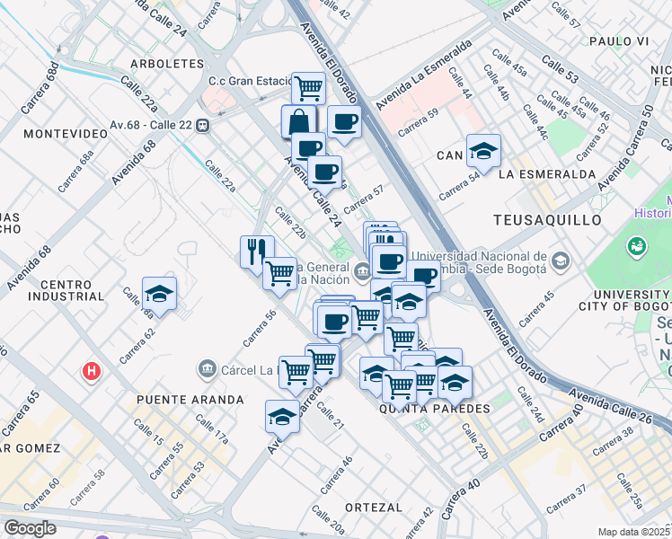map of restaurants, bars, coffee shops, grocery stores, and more near Calle 22b in Bogotá
