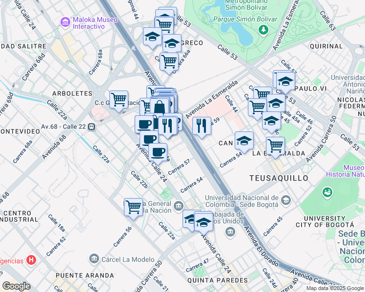 map of restaurants, bars, coffee shops, grocery stores, and more near 57-83 Avenida Calle 26 in Bogotá