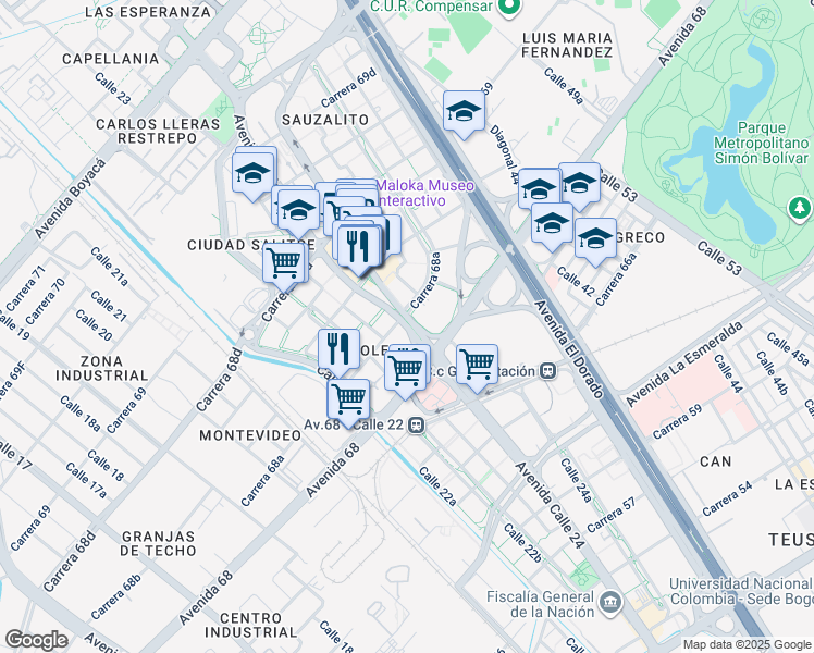 map of restaurants, bars, coffee shops, grocery stores, and more near 6885 Avenida Calle 24 in Bogotá